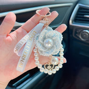 Pearl Element Handmade Fabric Camellia Women's Car Fans Keychain, Bag Charms, Handbag Charms