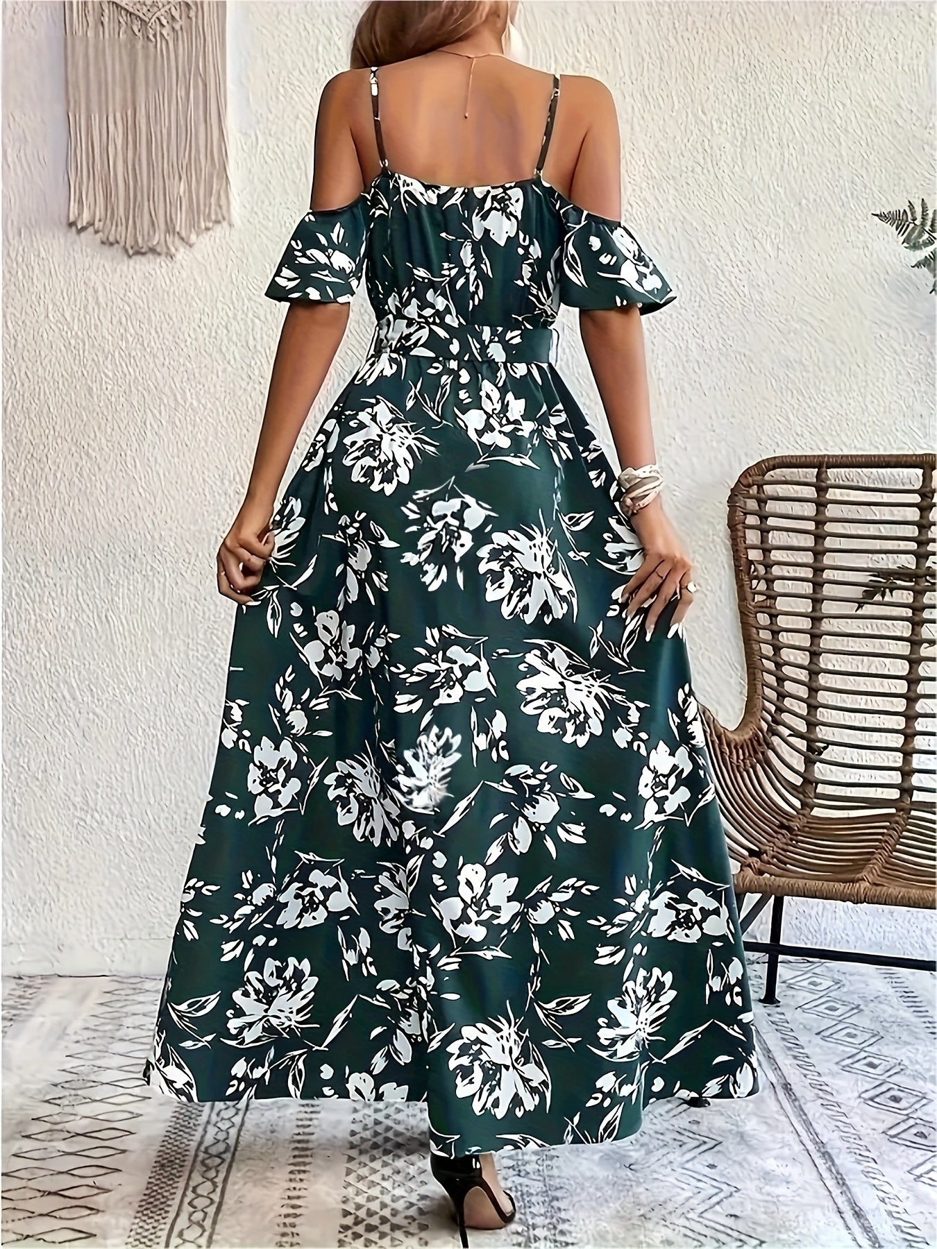 Women'S Elegant Off-Shoulder Floral Print Maxi Dress with Lace-Up Detail - Perfect for All Seasons, Adult, Casual to Formal Wear, Casual Dressing | Floral Print Dress | Laceup Detail, Floral Maxi Dress