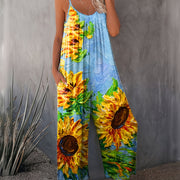 Women's Bohemian Sunflower Print Wide-Leg Jumpsuit with Pockets - Vibrant Floral Design, Casual Sleeveless Romper for Spring/Summer, Lightweight Polyester Blend, Machine Washable, Outdoor Apparel | Bohemian Style | Elastic Wa