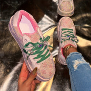 Women'S Fashion Sneakers - Sparkling Glitter Design, Comfortable Low Top Lace-Up Shoes with Red and Green Laces, All-Season Casual Streetwear, Casual Streetwear Sneakers | Glittery Sneakers | Synthetic Sneakers