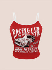 Y2K Style Racing Car Print Crop Top, Sleeveless Spaghetti Strap Tank Top for Women, Summer Letter & Symbol Design, Fashionable & Trendy, No Underwire, Y2K Fashion
