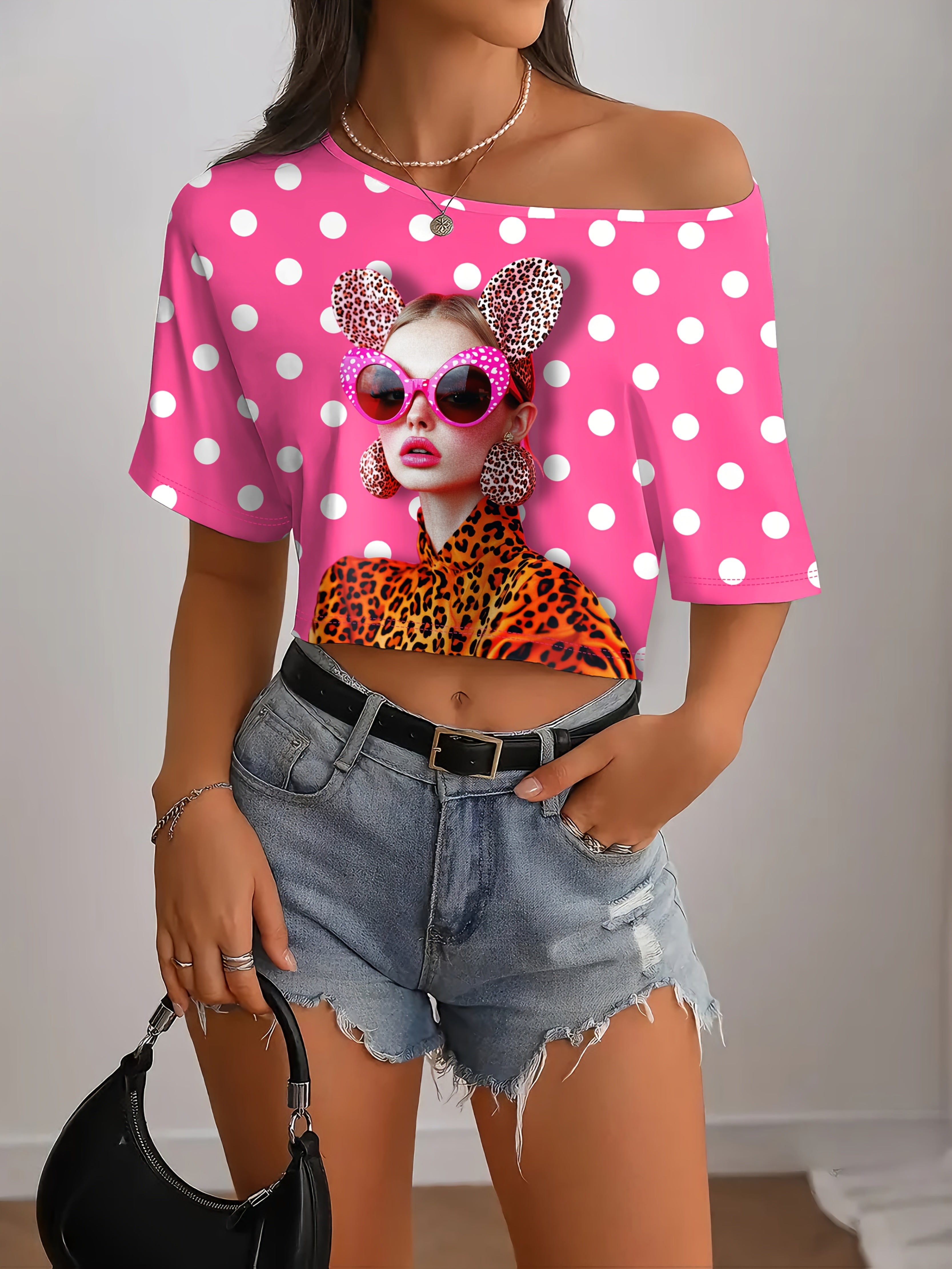 Women's Summer Top, Fashionable Design, Innovative Pattern, Minimalist Artistic Style, Expressive and Romantic, Free to Mix & Match, Portrait Print, Sexy Off-Shoulder T-Shirt with Polka Dots