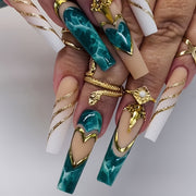 Queen Style, Long Ballet Marble Ombre Press-On Nails with Golden Foil Accents for s - 24pcs, Includes 1 Jelly Glue & 1 Nail File, Perfect Fit and Durable
