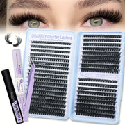 QUAFFLY Eyelashes 666pcs D-Curl Fluffy Eyelash Extension Set 60D+80D+100D Cluster Eyelash Extension Set 10-18mm Individual Cluster Eyelash Extension Set With Eyelash Bond And Seal, Eyelash Remover, Tweezers