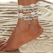 14pcs Bohemian Beaded Anklet Set with Starfish Charms and Shell Accents, Multi-Layer Stacking Beach Style Women's Ankle Bracelets for Daily Wear, Parties, and Vacation Casual, Casual Anklet Wear|Bohemian Style Anklet|Goldtone