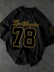 Men's Los Angeles 78 Graphic Tee - Casual Loose Fit, Black Polyester Short Sleeve T-Shirt with Bold Number Print, Machine Washable