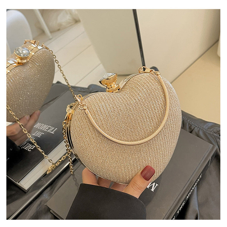 Ladies Fashion Shining Chain Crossbody Bag, Elegant Shoulder Heart Shaped, Metal Embellished, Black, with Buckle Closure, for Party, Wedding, Date