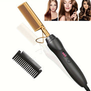Portable Ceramic Hot Comb Hair Straightener & Curler – Copper Heat Press Styling Tool for Wet and Dry Hair, Beard, and Wigs – 110V, US Plug, Ergonomic Design with Comfort Grip