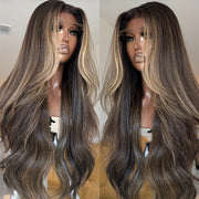 13X4 Highlight Lace Front Wigs 200% Density Balayage Long Straight Wigs Pre Plucked Glueless Brown Lace Front Wigs For Fashion Women Girls Party Vacation Daily Used Valentine'S Day 28inch