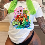 Women's Casual Short Sleeve T-Shirt - Vibrant Portrait & Letter Graphic Print, Semi-Sheer Round Neck, Medium Stretch, Machine Washable, All-Season Comfort Fit, Ladies T Shirts, Stylish Streetwear, Bold Graphic Tee, Mediumstre