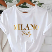 C571 Exuding elegance and modern luxury the design features MILANO in bold shimmering Golden uppercase letters with ITALY elegantly scripted in a smaller lighter font directly beneath all set against a deep black background T