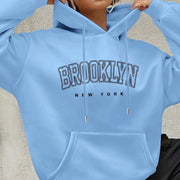 Women's Brooklyn-Inspired Blue Hoodie - Casual Polyester Pullover with Geometric Design, Machine Washable, Ideal for Spring/Summer/Fall, Casual Wear Hoodie | Trendy Casual Hoodie | Knitted Texture, Sweater Hoodie