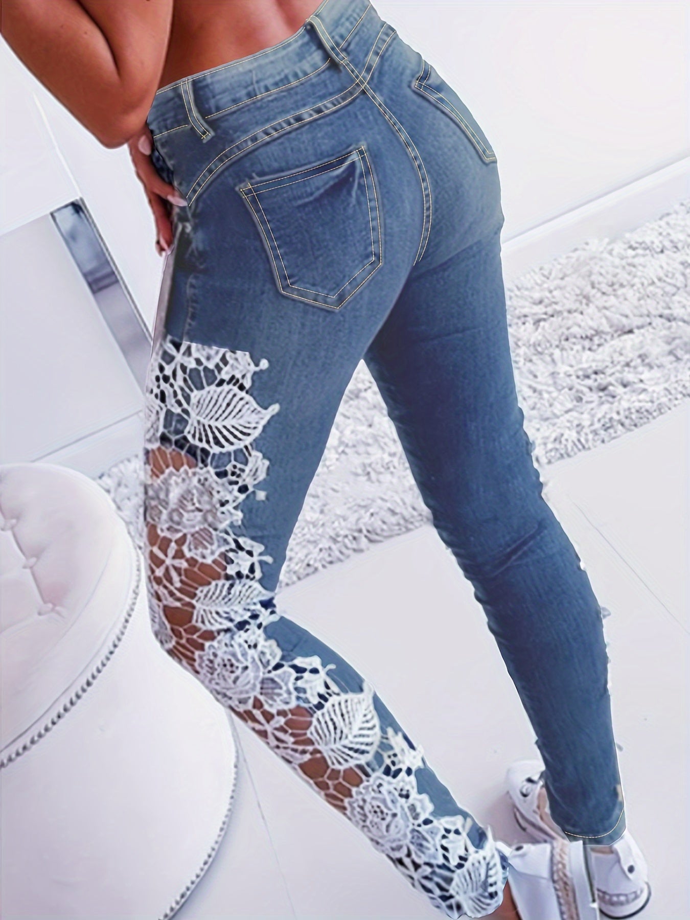 Elegant Skinny Fit Hollow Out Lace Contrast Denim Jeans, Women's Denim Pants & Clothing