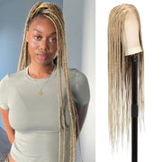 360°HD Full Lace Square Knotless Braided Wigs For Women 36 Inch Box Braid Wig With Baby Hair Blended Braided Lace Front Wig Honey Blonde With Light Blonde Ends Hand Braid Wigs