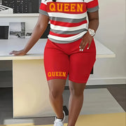 Two-Piece Queen Print Color Block Crew Neck T-Shirt & Biker Shorts Outfit - Soft Mid-Elasticity Polyester Fabric, Random Striped Pattern, Machine Washable, Spring/Summer Casual Wear - Vibrant Colors, Comfortable Fit
