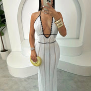 Elegant White Lace Backless Mini Dress with Golden Accents - Sleeveless, V-Neck, Ruched Detail, Perfect for Beach & Holiday Parties, Beach Party Dress | Lace Mini Dress | Ruched Detail Dress