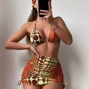 3-Piece Geometric Ombre Swimsuit Set - Stylish Halter Triangle Bikini with Adjustable Straps, Flowy Drawstring Wrap Skirt, Matching Headband, and Coordinating Heaf Scarf - Perfect for Womens Swimwear and Beachwear Occasions