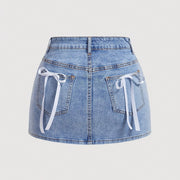 Women's Summer Casual Denim Skirt with Adjustable Bow & Pockets - Mid-Stretch Machine-Washable Solid Color Elegant Design for Casual Outings, Summer Casual Wear | Stylish Denim Skirt | Denim Fabric Skirt