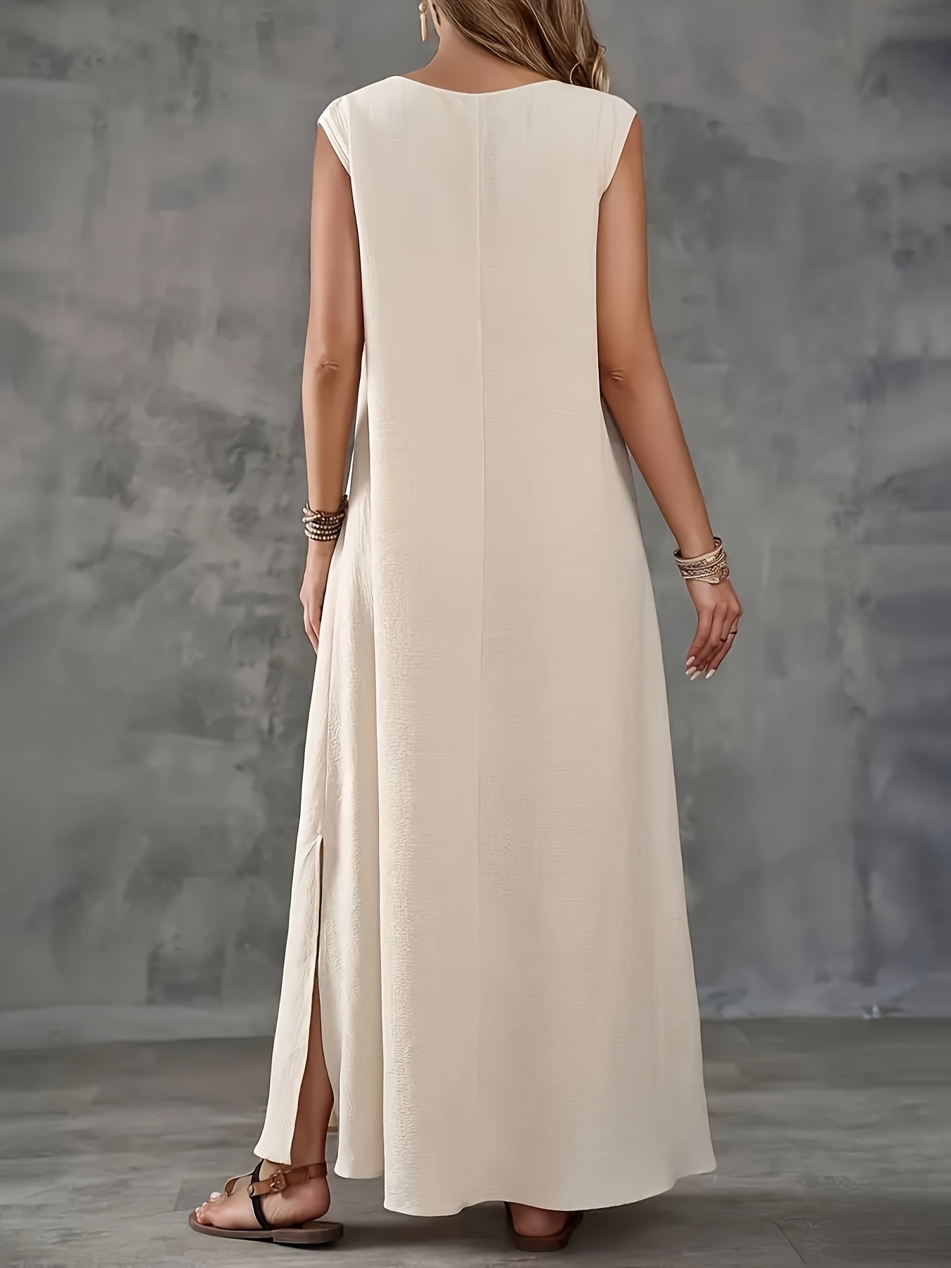 Women's Elegant V-Neck Sleeveless Maxi Dress - Solid Color, A-Line Cut, Lightweight Polyester Fabric, Perfect for Spring/Summer Casual Wear, Casual Elegant Dress | Minimalist Style | Glossy Texture, Cute Dress