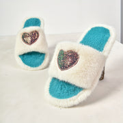 Cozy Heart-Patterned Plush Slippers for Women - Open Toe, Non-Slip Rubber Sole, Warm Indoor Shoes with Fuzzy Trim