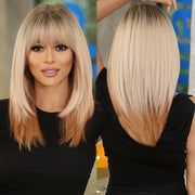 Shoulder Length Ombre Blonde Wig for Women Christmas Costume Cosplay High Density Synthetic Layered Straight Hair Wigs with Bangs Heat Resistant Fiber 20 Inch