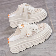 Women's Stylish Thick-Sole Platform Sandals - White & Orange, Round Toe, PU Cover, Lace-Up Design, Summer Outdoor Shoes with Rubber Sole for Added Height, Ladies Sandals