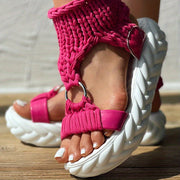 Women's Knitted Platform Sandals with Thick Cushioned Midsole - Adjustable Back Strap, Open-Toe Summer Shoes, Breathable Fabric Upper & TPR Sole for Casual Outings, Beach, Student Fashion, Ladies Sandals