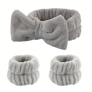 Solid Color Butterfly End Headband Wristband Set Women's Wash Beauty Makeup Headband Wrist Flannel Hair Accessories Headwear Face Wash Headband Wrist Set Plush Elastic Headband Ladies Accessories Set