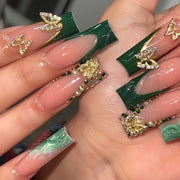 24-Piece Green Square Medium Length Press-On Nails with Golden Butterfly Glitter Design, Glossy Finish, Animal Pattern, Includes Nail File and Jelly Adhesive for Easy Application - Suitable for Women and Girls