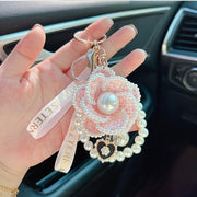 Pearl Element Handmade Fabric Camellia Women's Car Fans Keychain, Bag Charms, Handbag Charms