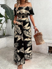 Vacation Style Set, Off Shoulder Crop Top & Straight Leg Pants - Tropical Print - Women's Clothing - For Summer Vacations & Beach Trips - Perfect Gift for Women