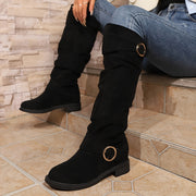 Women's Solid Color Trendy Boots, Buckle Belt Pull On Chunky Heel High Knee Boots, Winter Round Toe Slouchy Boots