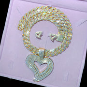 Y2K Elegant Rhinestone Heart Pendant Necklace and Earrings Set - Synthetic Jeweled Cuban Link Chain - Zinc Alloy Jewelry for Daily & Festival Occasions - Ideal Valentine's Gift