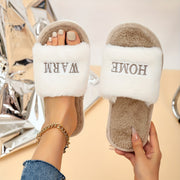 Women's Cozy Plush Slippers with Embroidered "HOME" Lettering - Lightweight, Open-Toe Design, Soft EVA Sole, Fluffy Black & Cream Indoor Shoes for All Seasons, Hand Washable, House Slippers