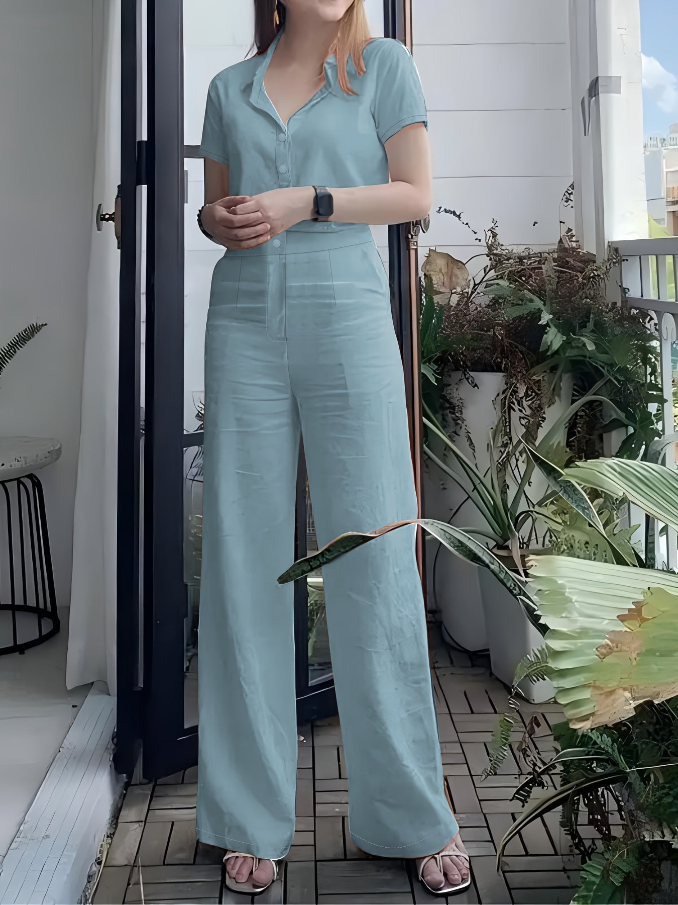 Women'S Solid Color Short Sleeve Shirt and Long Pants Elegant Two-Piece Set