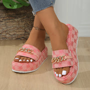 Women'S Pink Platform Sandals with Metal Chain & Rhinestones - Casual Slip-On, Open Toe, Mid-Heel, Lightweight & Stylish, All-Season Footwear, Casual Footwear | Metallic Chain Sandals | Rubber Sole Sandals