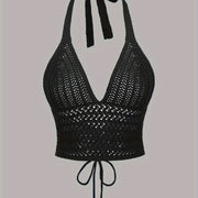 Solid Cross Tie Back Halter Top, Versatile V-neck Backless Crop Knitted Top, Women's Clothing
