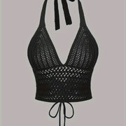 Solid Cross Tie Back Halter Top, Versatile V-neck Backless Crop Knitted Top, Women's Clothing