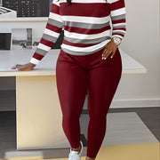 Slim Matching Two-piece Set, Casual Long Sleeve Crew Neck Striped Color Block T-shirt & Solid Elastic Waist Pants Outfits, Women's Clothing