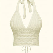 Solid Cross Tie Back Halter Top, Versatile V-neck Backless Crop Knitted Top, Women's Clothing