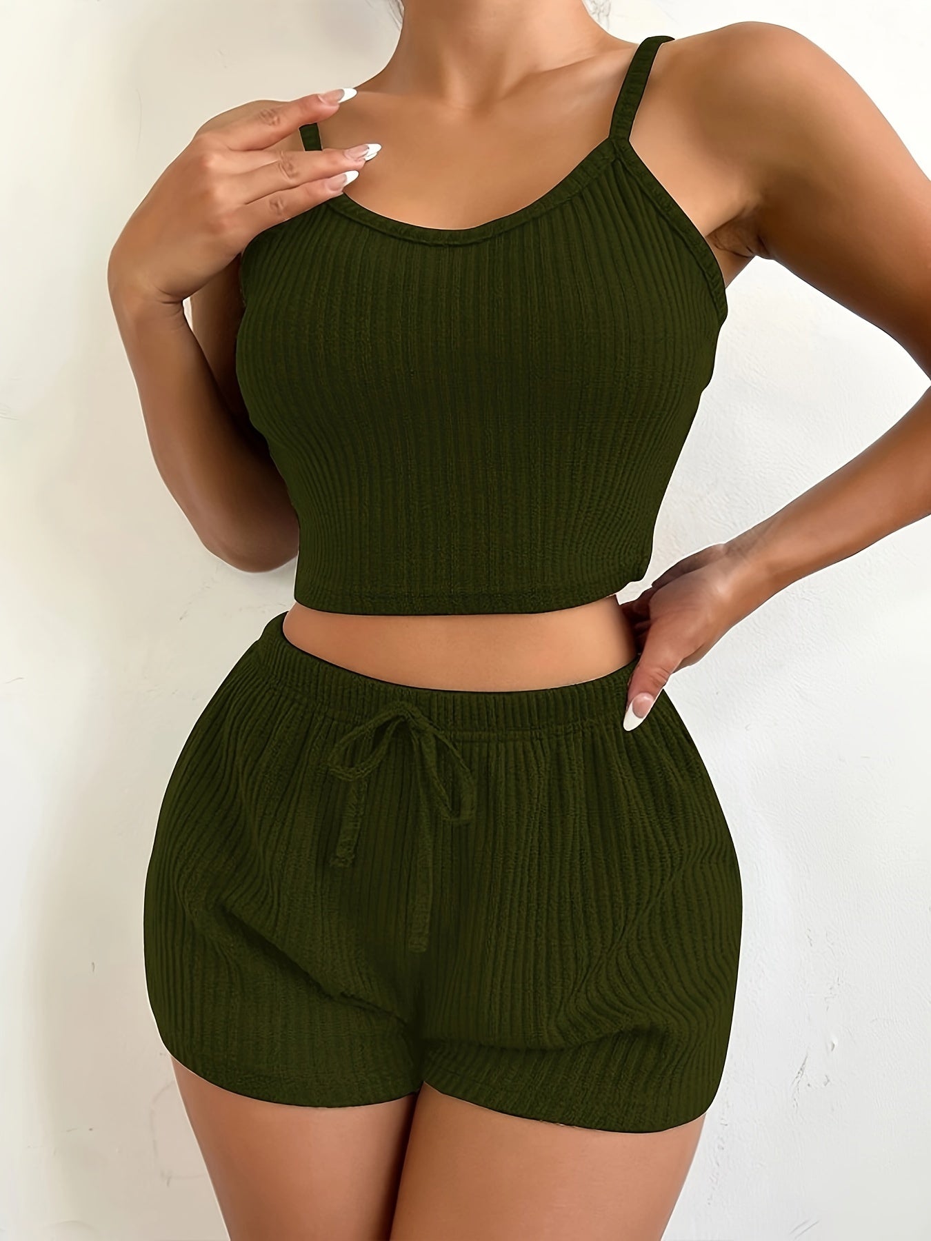 Solid Ribbed Slim Fit Lounge Set, Casual Round Neck Crop Cami Top & Drawstring Shorts, Women's Loungewear
