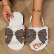 Kawaii Bowknot Plush Slippers, Open Toe Slip On Flat Fuzzy Shoes, Winter Warm Home Floor Slippers
