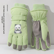 1 Pair Women'S Winter Ski Gloves, Cute Panda Design, Touchscreen Compatible, Polyester Thermal Lining, Velvet Palm, Magic Tape Closure, Hand Washable, Weather-Resistant