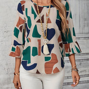 Women's Elegant Geometric Print Blouse - Crew Neck, 3/4 Sleeve, Lightweight Polyester, Spring/Summer Casual Wear, Abstract Design in Green, Blue, Brown, Beige & White, Autumn Fashion Top | Crew Neck Top | Fashionforward Top,