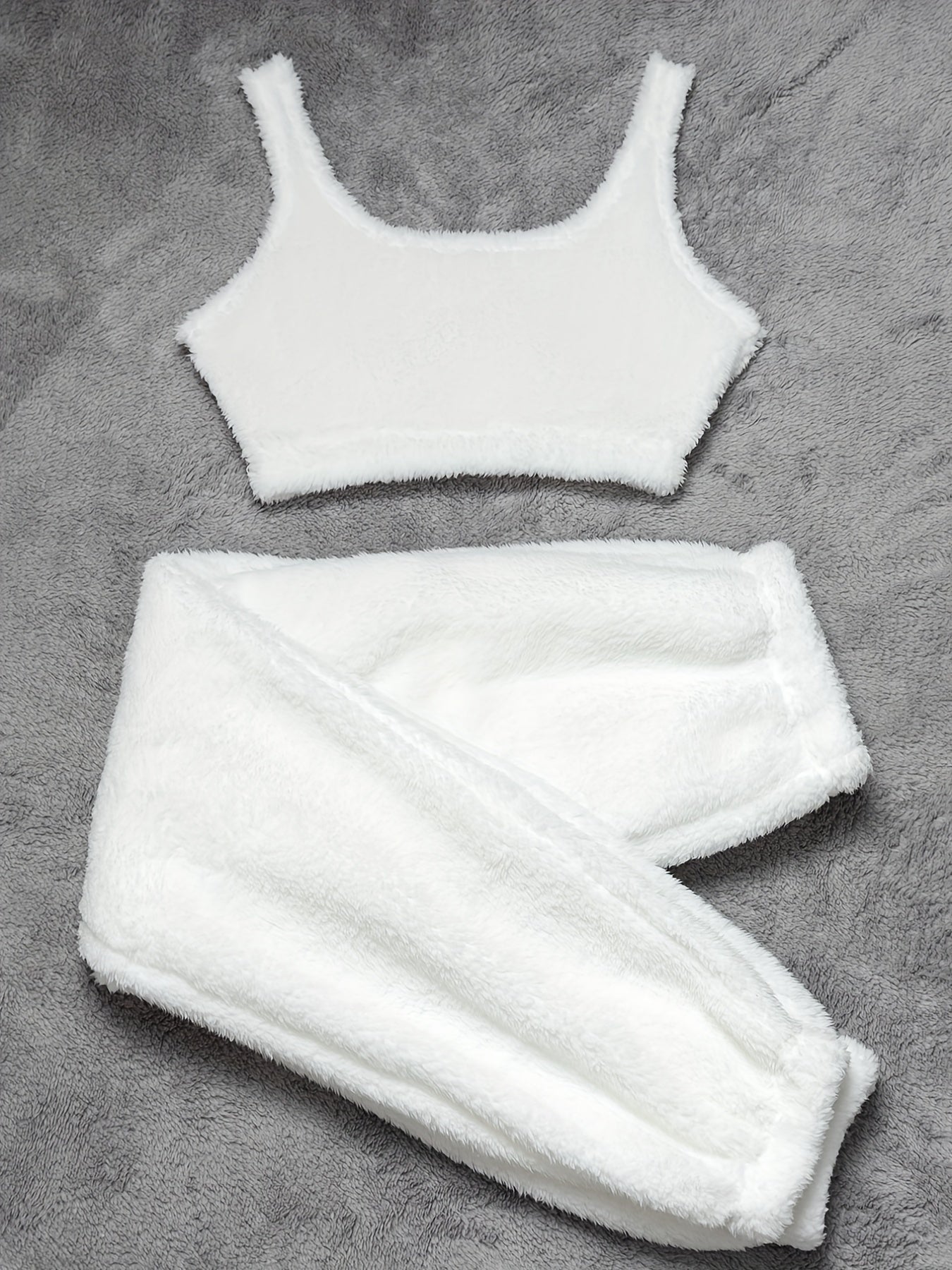 Cozy Solid Fuzzy Lounge Set - Soft Micro Elastic Polyester Tank Crop Top & Elastic Waistband Pants for Women - Machine Washable, Casual Fall/Winter Loungewear & Sleepwear for Adult