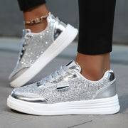 Women'S Glittery Sequin Sneakers - Golden & White Low-Top Lace-Up Casual Skate Shoes with MD Sole, Fabric Insole, and Synthetic Upper for All Season
