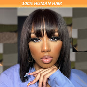 Elegant Straight Brazilian Human Hair Bob Wig with Bangs, Density, Glueless Short Wigs for Women, Rose Net Cap, Natural Look, Straight Hair, Human Hair, with Fring