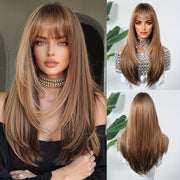 Elegant Women'S Wig Light Brown Long Straight Layered Ends Fashion for Daily Wear with Matte Finish, Tang Long Fiber, 100% Density Rose Net Cap, Versatile Fit for All, Heat-Resistant and Customizable