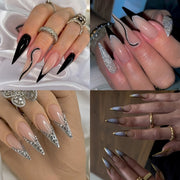 96 PCS 4PACK Long Stiletto Glossy Rhinestone Press on Nails with Glue, Bling Glitter French Tip Acrylic Almond Artificial Nails in Nude Pink Stick on False Nails with Design