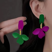 Elegant Asymmetrical Purple & Green Flower Drop Earrings - -Plated Alloy, 925 Sterling Silver Hooks, Perfect for Daily Wear, Parties, and Concerts, Everyday Earrings|Asymmetrical Earrings| Plated Earrings